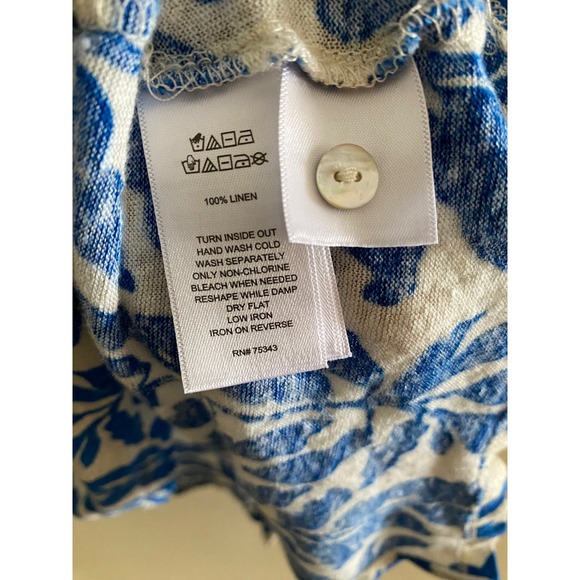 Rachel Zoe Blue White Linen Leaf Print Top Short Sleeve Blouse Women's M - Picture 4 of 9